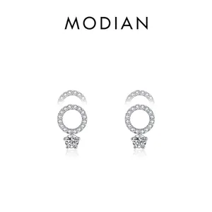 Sterling Silver Stud Earrings With Cubic Zirconia Round Geometric Micro Pave Sparkly Elegant Jewelry For Women