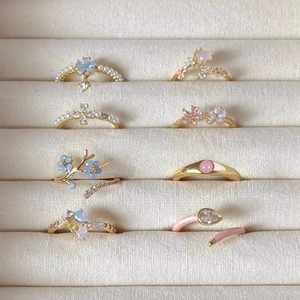 Fashion Copper Open Rings For Women Adjustable Zircon Artificial Pearl Flower Butterfly Heart Design Vintage Sweet Finger Jewelry