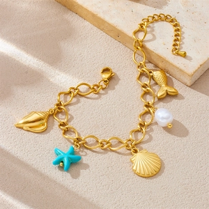18K gold plated stainless steel ocean charm bracelet with shells and pearls