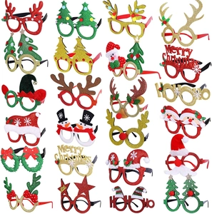 Set of 24 Christmas party glasses with reindeer, Santa, and tree designs on white background