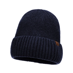 Dark blue ribbed knit beanie for men with snowflake leather patch for winter warmth