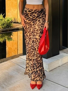 Modern high waist leopard print maxi skirt with slim fit mesh for stylish summer fashion