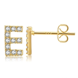 Macro detail of gold-plated brass letter E earring with micro-paved zircons and 925 stamp