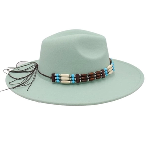Close-up of mint green wool fedora hat with ethnic style colorful beaded headband detail