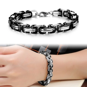 Detailed close-up and model shot of punk style black and silver titanium steel link bracelet