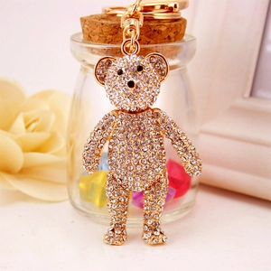 Sparkling crystal bear keychain with gold metal base for bags and car keys decoration