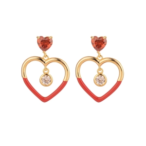 Elegant gold heart earrings with red enamel and sparkling zircon tassels for Christmas