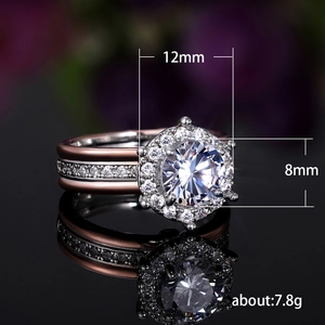 Two-tone halo engagement ring with large round zircon and 12mm wide double-layer band