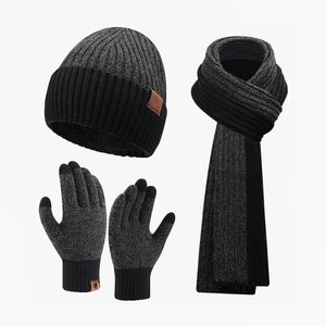 Winter set with knitted hat, scarf, and touch screen gloves in black and grey marl