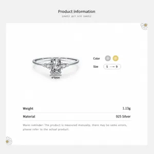 Bague en argent sterling 925 avec cristal rectangulaire de 1 carat et pierres latérales