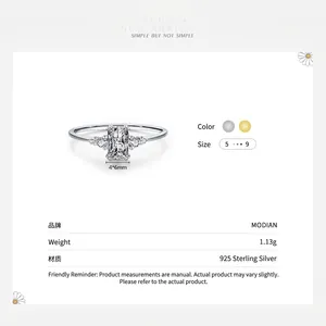S925 sterling silver ring with 1 carat rectangular crystal and side stone cluster