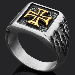 Men's vintage Thor's Hammer viking ring in silver and gold with iron cross and flame patterns