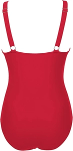 Detail of red one-piece swimsuit back with adjustable straps and gold metal rings