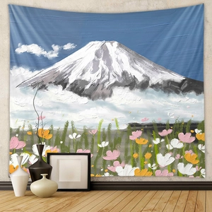 Bohemian landscape tapestry with snow mountains and colorful wildflowers for wall decor