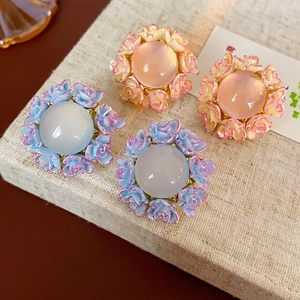 Exquisite geometric floral stud earrings with resin cabochon and micro-carved roses