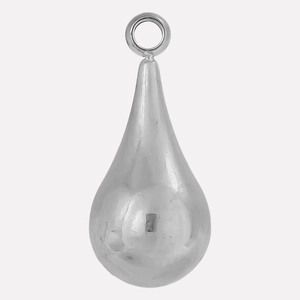 Polished silver teardrop pendant with reflective metallic surface and hanging loop
