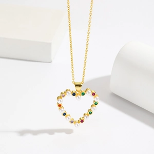 18K gold plated heart necklace with colorful zircons and pearls on white display