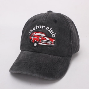 Close-up of vintage red car embroidery and Motor Club text on charcoal washed cotton cap