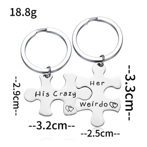 Set portachiavi a puzzle His Crazy Her Weirdo in acciaio inox per coppie con dimensioni