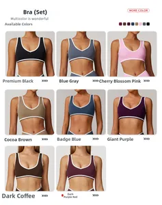 Matrix view of high-waist cross yoga sets in eight colors with contrast piping detail