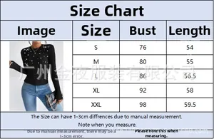 Detailed size chart for elegant ribbed knit long sleeve top with pearl embellishments