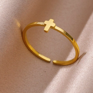 Adjustable golden stainless steel open ring with minimalist polished cross design