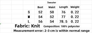 Detailed size chart for the slim fit knitted dress including chest and length measurements