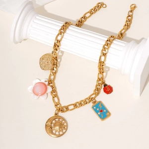 Golden Cuban chain necklace featuring colorful natural stone beads and sunflower pendants