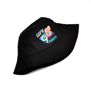 Black bucket hat featuring vintage 90S cassette tape print with retro party design