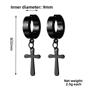 Detail view of black titanium steel cross earrings with 9mm diameter and 32mm length