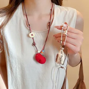 Handmade Fabric Wood Apple Coffee Cup Pendant Necklace Long Sweater Chain Pastoral Style Women Cute Beaded Accessory