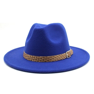 Royal blue wool fedora hat with brown woven band and silver buckle on white background