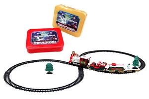 Detail of vintage Christmas train toy set with 8-track layout and storage boxes