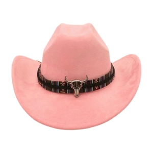 Rosa Western Cowboyhut mit ethnischem Webband und retro metallischem Stierschädel