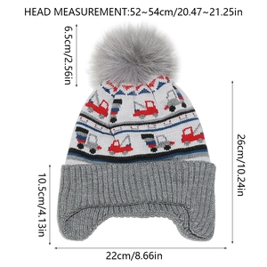 Detailed size chart for kids knit winter hat with truck jacquard and fleece lining