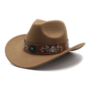 Vintage Western Cowboy Hat Felt Wide Brim Ethnic Style Embroidered Leather Band With Metal Buckle And Turquoise