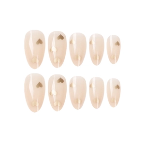 Minimalist nude press-on nails with golden heart patterns and classic almond shape set