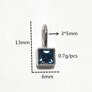 Blue birthstone pendant with silver plating, square glass gem size 3x5mm and 13mm height