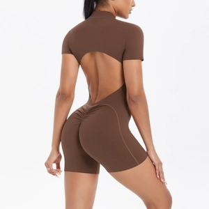 Detailed back view of coffee brown fitness bodysuit with hollow-out back and scrunch butt