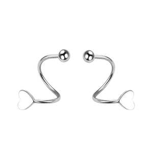 Minimalist sterling silver spiral heart stud earrings with polished sphere accents