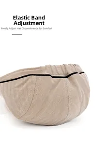 Close-up of the elastic adjustment band on a beige herringbone newsboy cap for men
