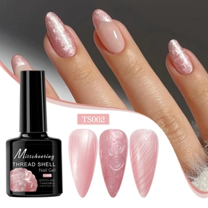 Macro detail of TS002 pearlescent pink shell thread nail gel showing silk texture finish