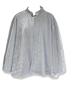 Detailed view of grey velvet capelet with button closure and soft fabric texture