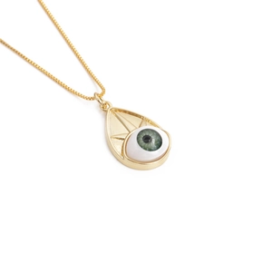 Gold plated evil eye teardrop necklace with green iris pendant on a box chain
