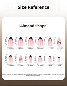 Size chart for almond press-on nails featuring detailed length and width measurements