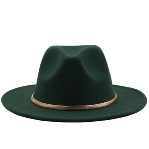 Elegant dark green wool fedora hat for women with a luxury gold metal snake chain detail