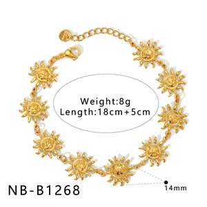 Detail of gold sun-themed stainless steel bracelet with 14mm charm and size specifications