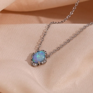 Parure De Bijoux Vintage Opale Bleue Ovale Acier Inoxydable Strass Collier Bracelet Boucles D'oreilles Pour Femmes