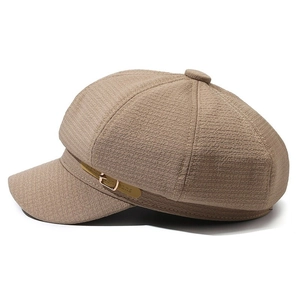 Khaki waffle texture baker boy hat with decorative leather strap and metal buckle