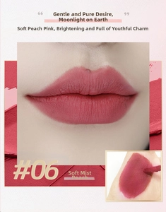 Detail view of Matte Peach liquid lipstick shade 06 with lip and hand swatches
